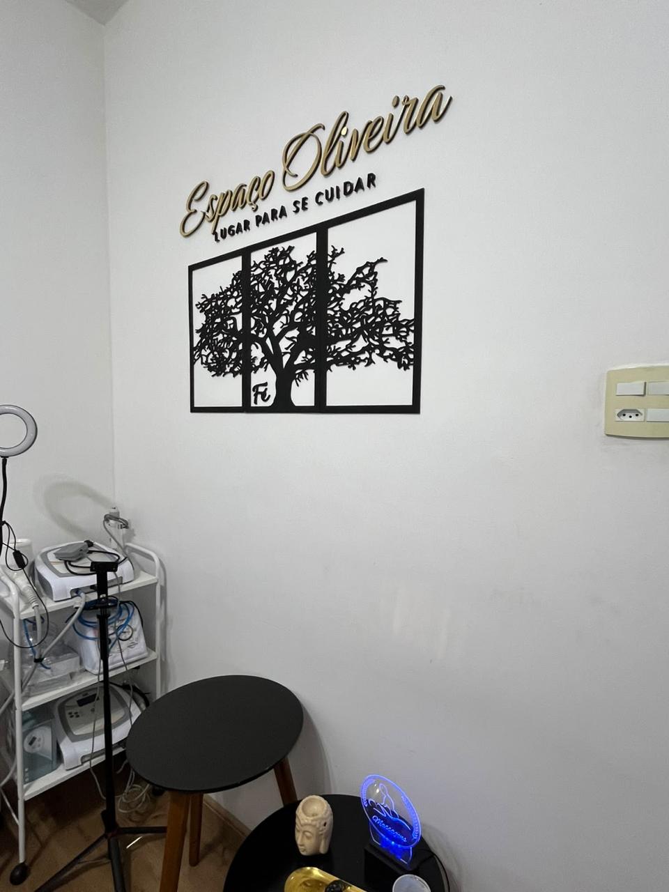 Sala de estética do Espaço Elegance, com quadro decorativo, ring light e carrinho de aparelhos