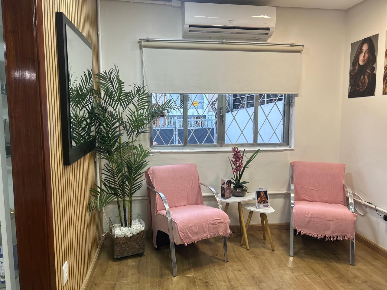 Sala de espera do Espaço Elegance, com poltronas, planta e janela