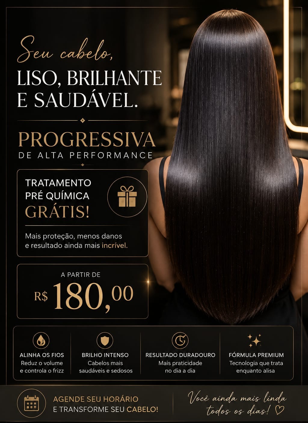 Progressiva de alta performance a partir de R$ 180,00 com tratamento pré-química grátis — Espaço Elegance, salão de beleza no Jabaquara